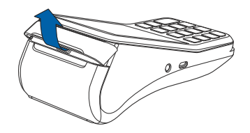 Image montrant l’ouverture du loquet du V400m, pour déverrouiller le compartiment pour papier.