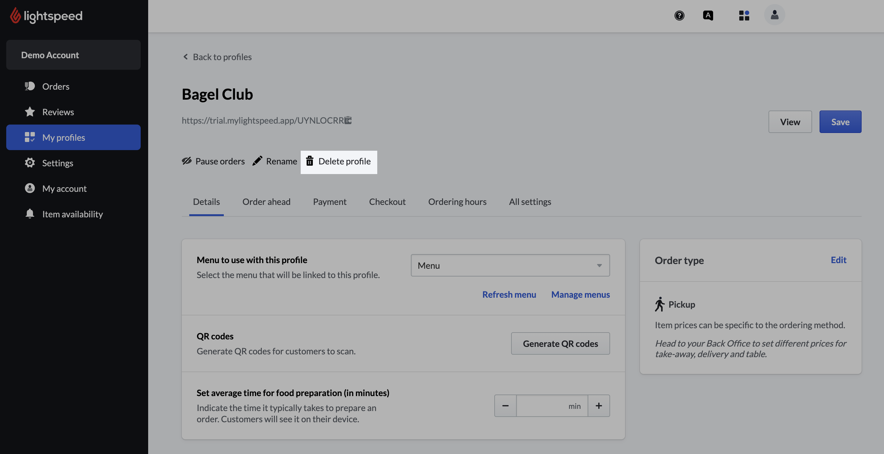 Exemple de profil de commande Order Anywhere, le bouton Supprimer le profil est mis en évidence