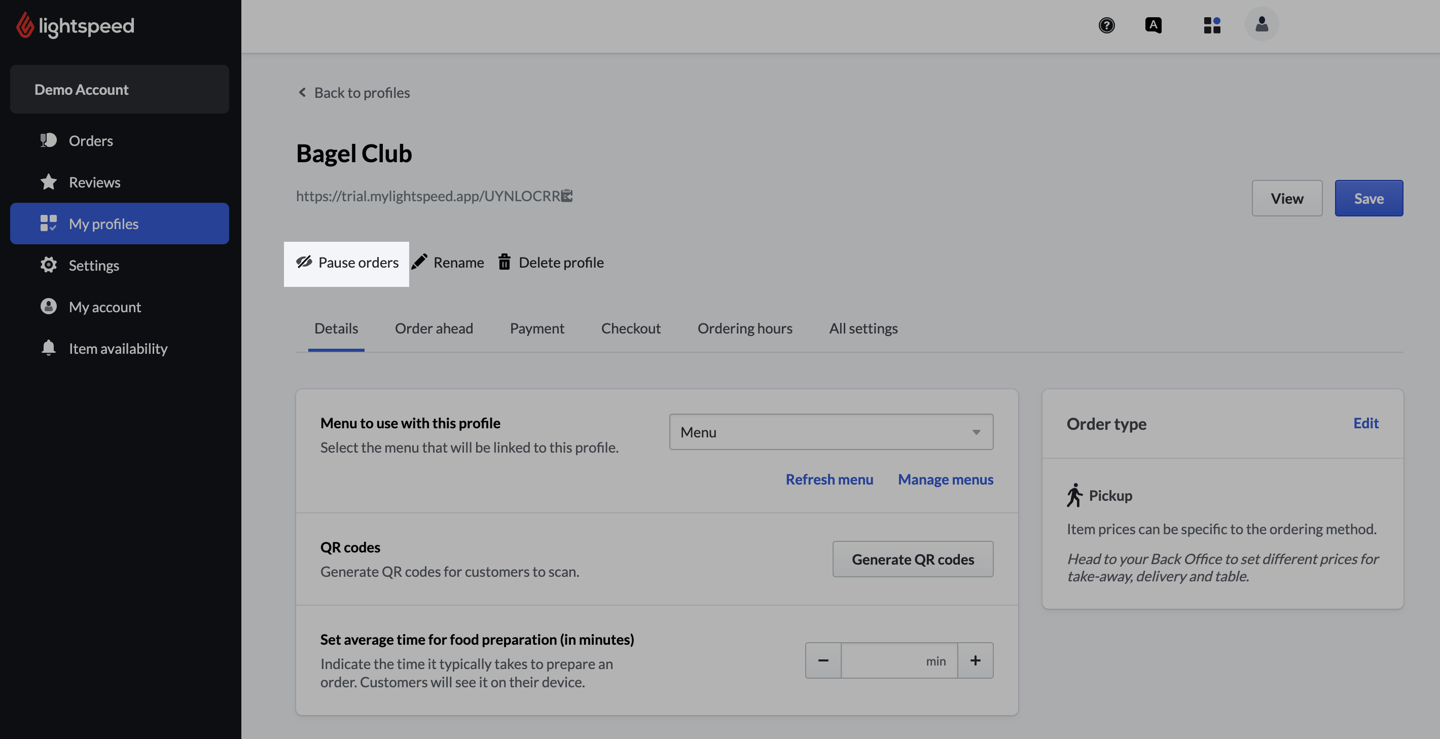 Exemple de profil de commande Commande mobile, l’option de suspension des commandes est mise en évidence