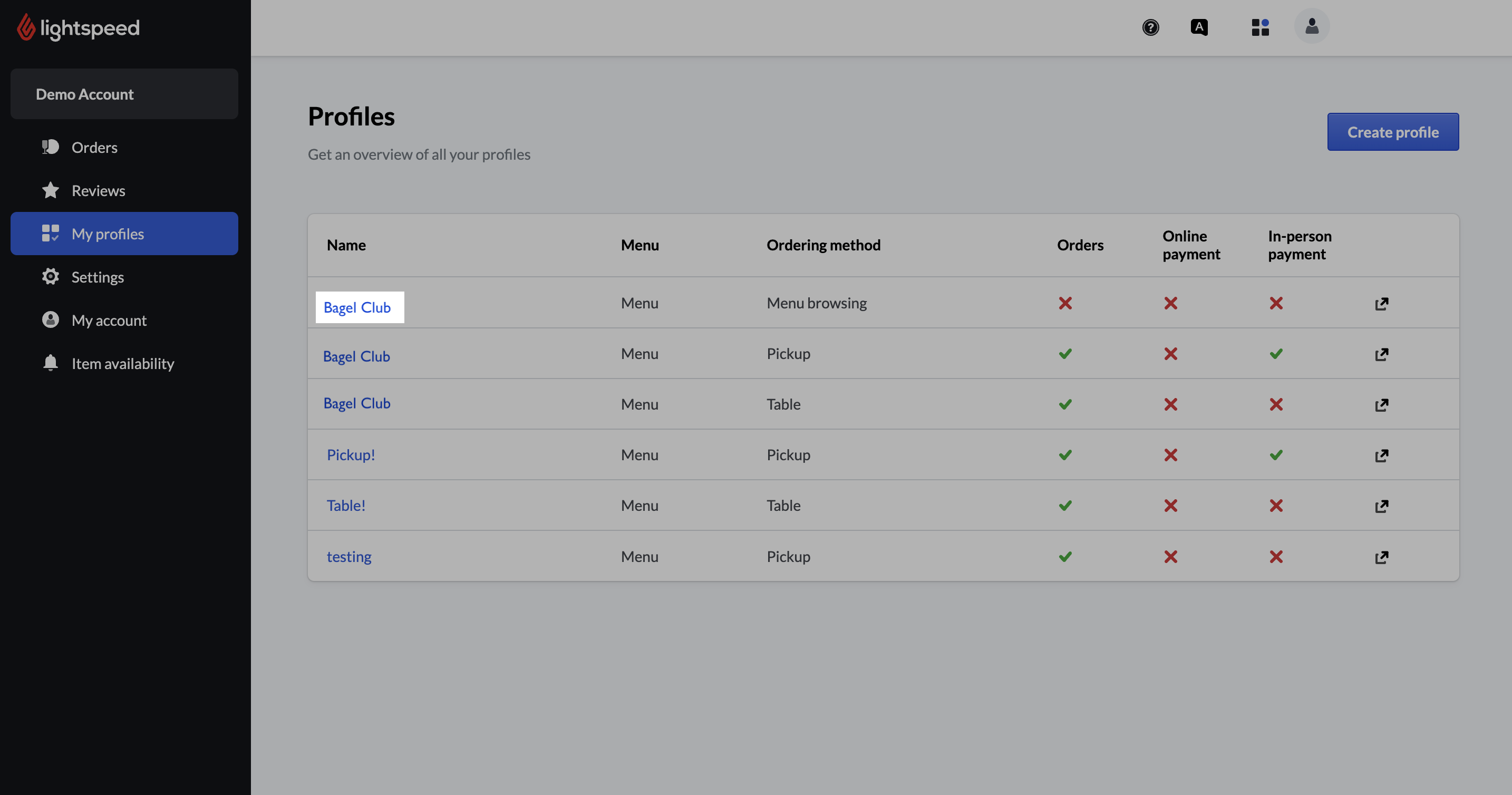 Page Profils d’Order Anywhere, le nom d’un profil est mis en évidence