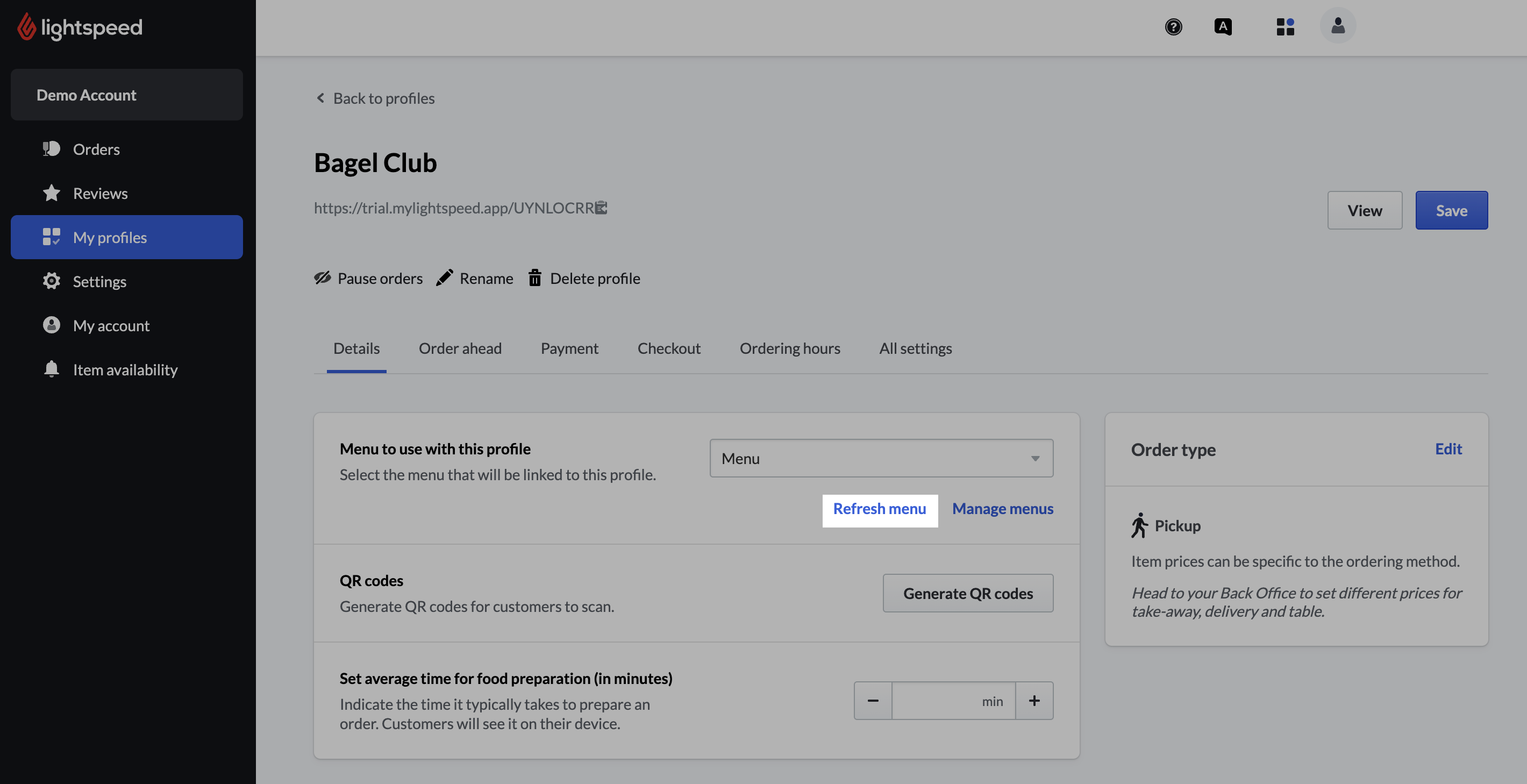 Exemple de profil de commande Order Anywhere, le bouton Actualiser le menu est mis en évidence