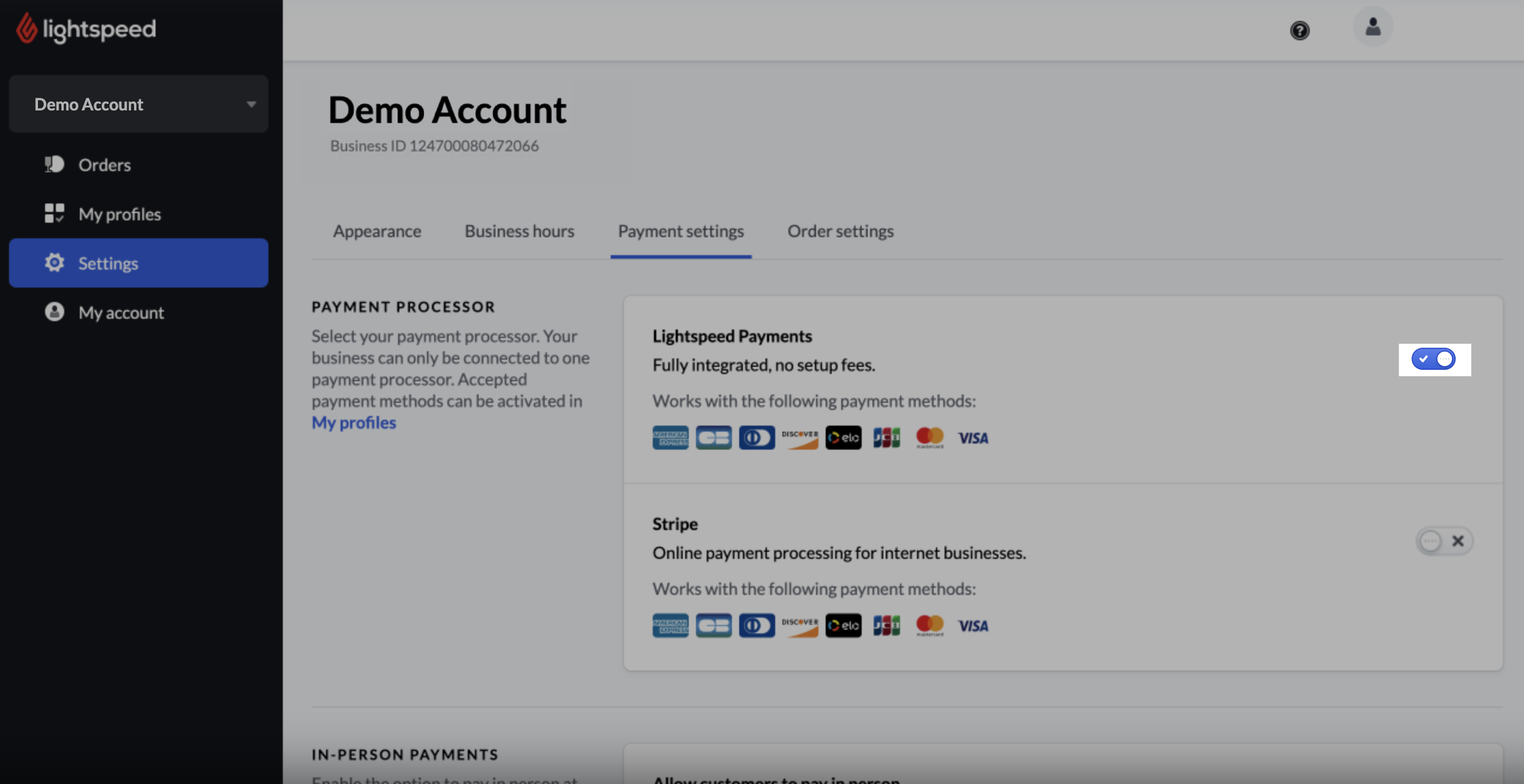 Paiements Lightspeed est activé, ce qui est signalé par une coche.