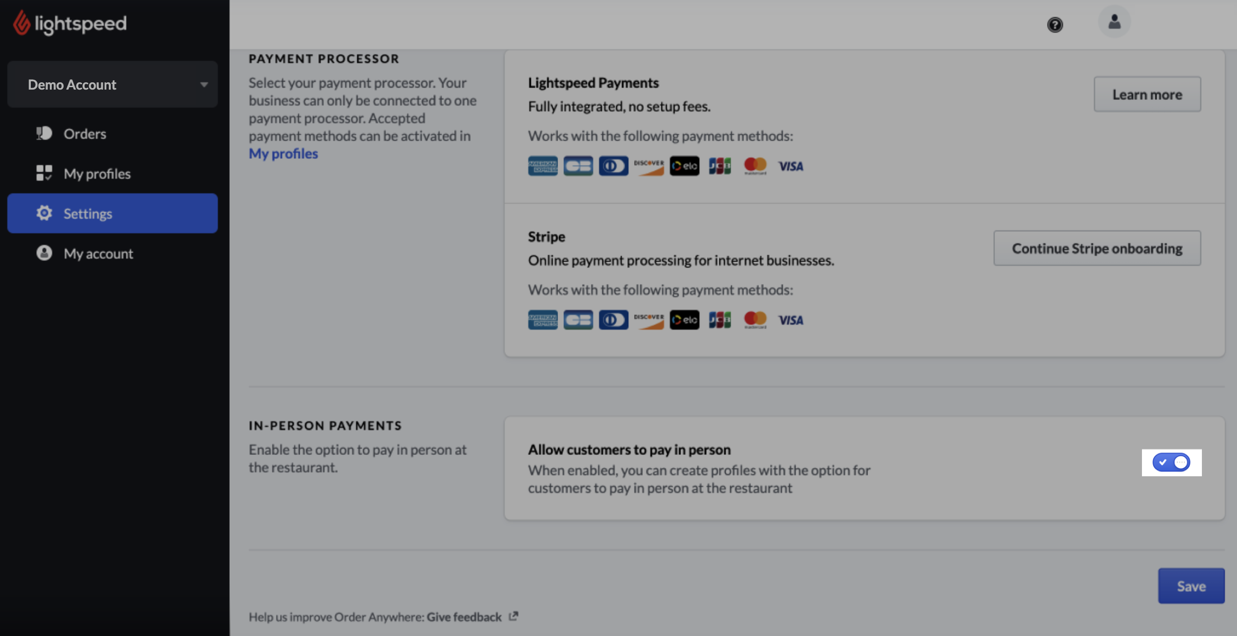 Persönliche Zahlungen sind aktiviert, was durch ein Häkchen angezeigt wird.