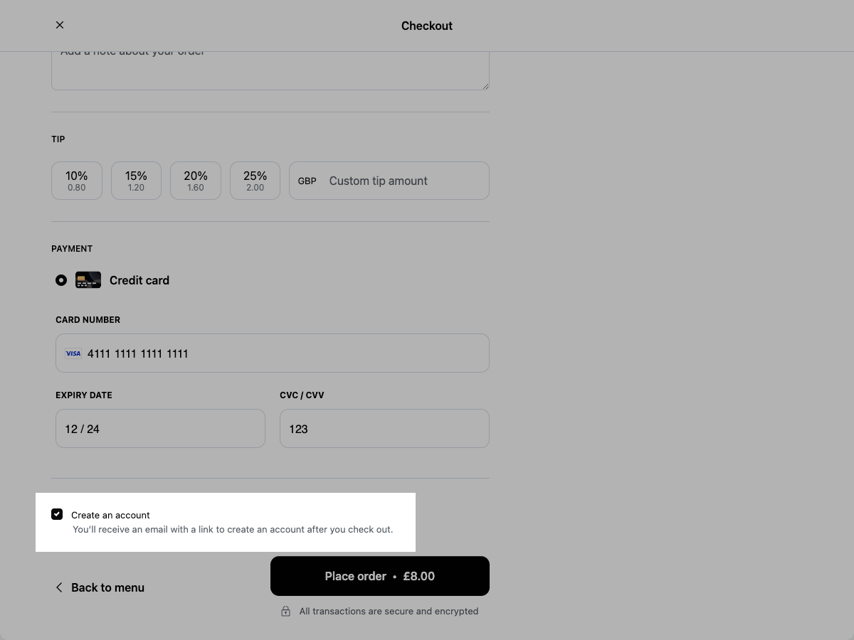 Order Anywhere ordering page with Create an Account setting enabled