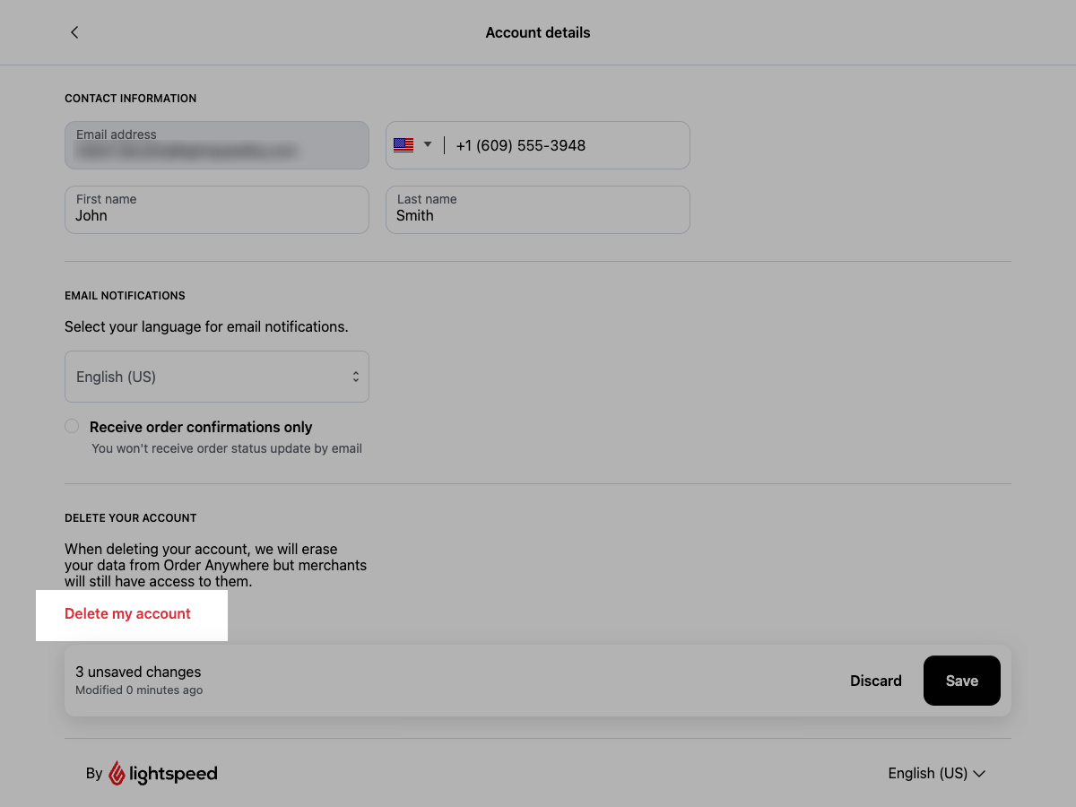 Seite Kundenkontoinformationen mit hervorgehobenem „Konto löschen“-Link