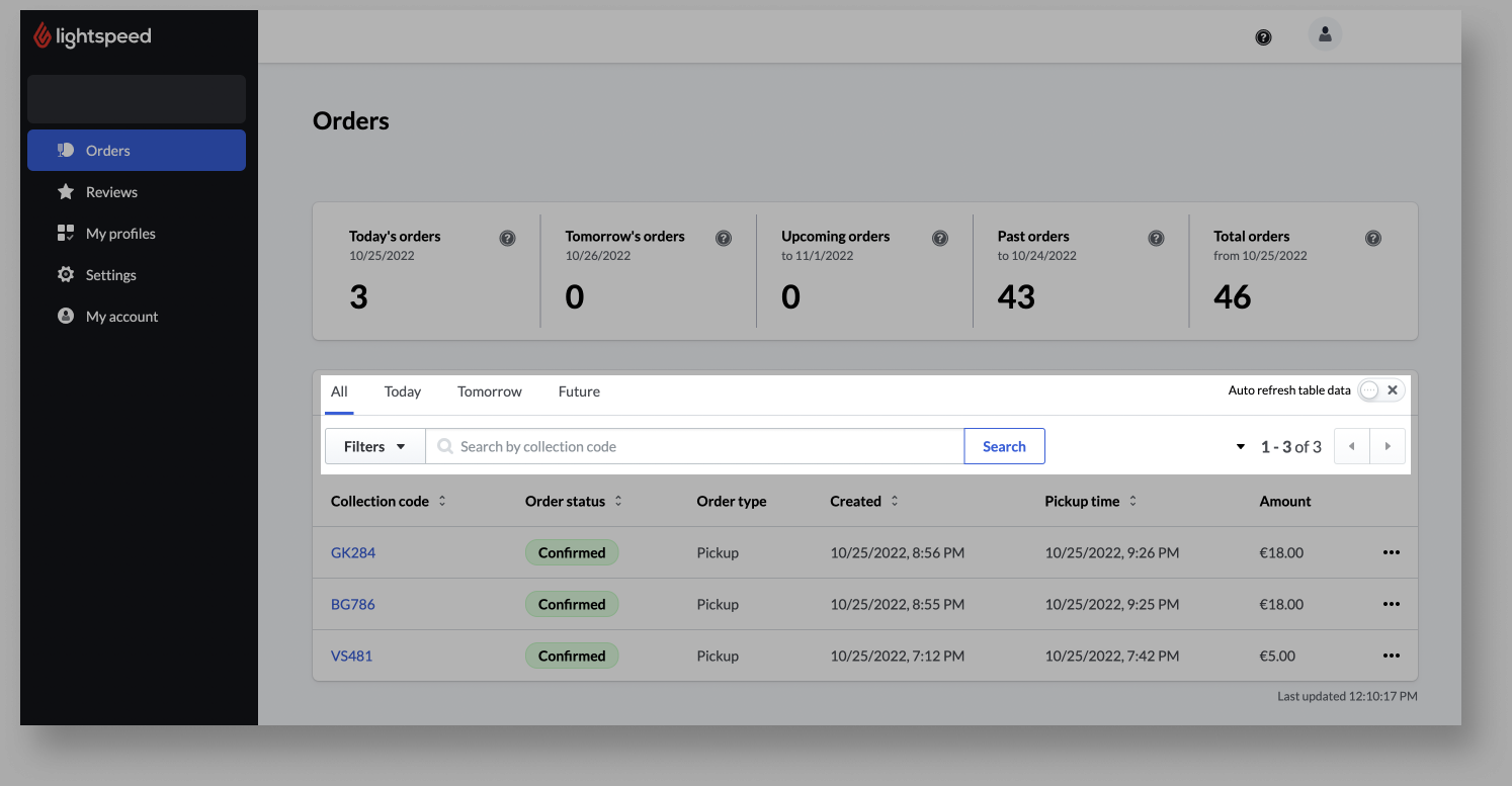 Page Rapports d’Order Anywhere, les options de filtres sont mises en évidence.