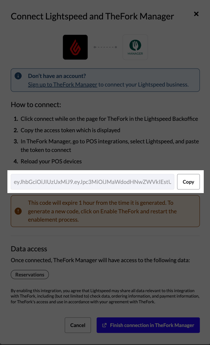 The connection token and Copy button highlighted