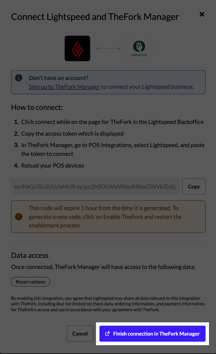 The Finish connection button highlighted