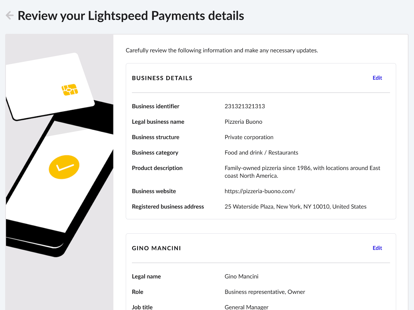 A page titled 'Your information on file' with the option to confirm or edit business details visible.