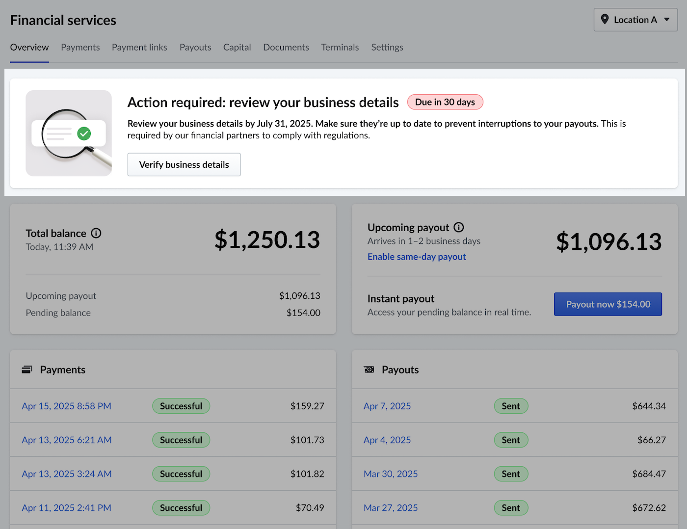 The Financial Services page. A banner prompting the user to review their account details is visible.