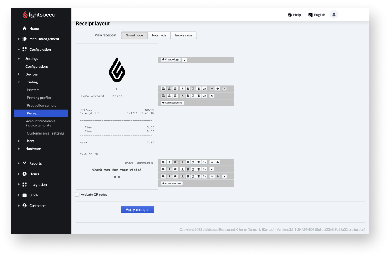 Lightspeed Restaurant Receipt Templates Layout