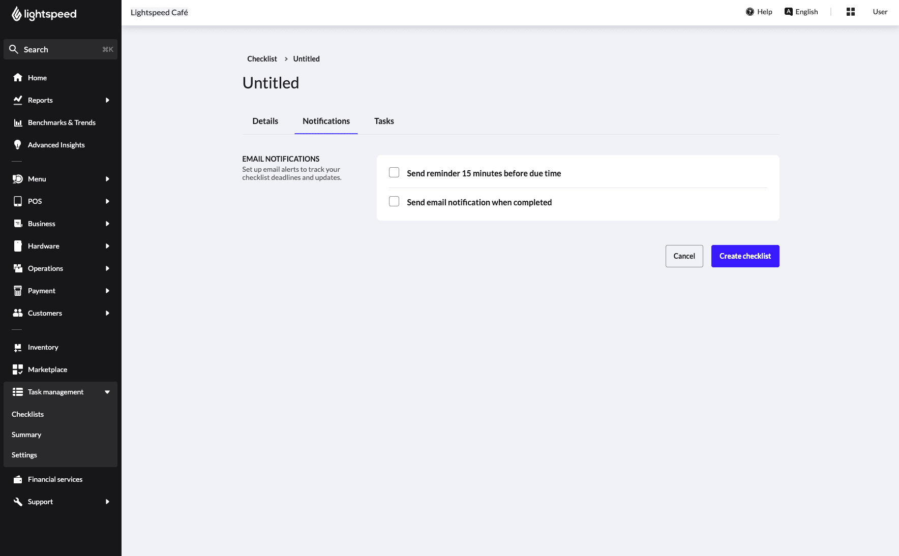 Het gedeelte 'Notificaties' van een checklist zonder titel