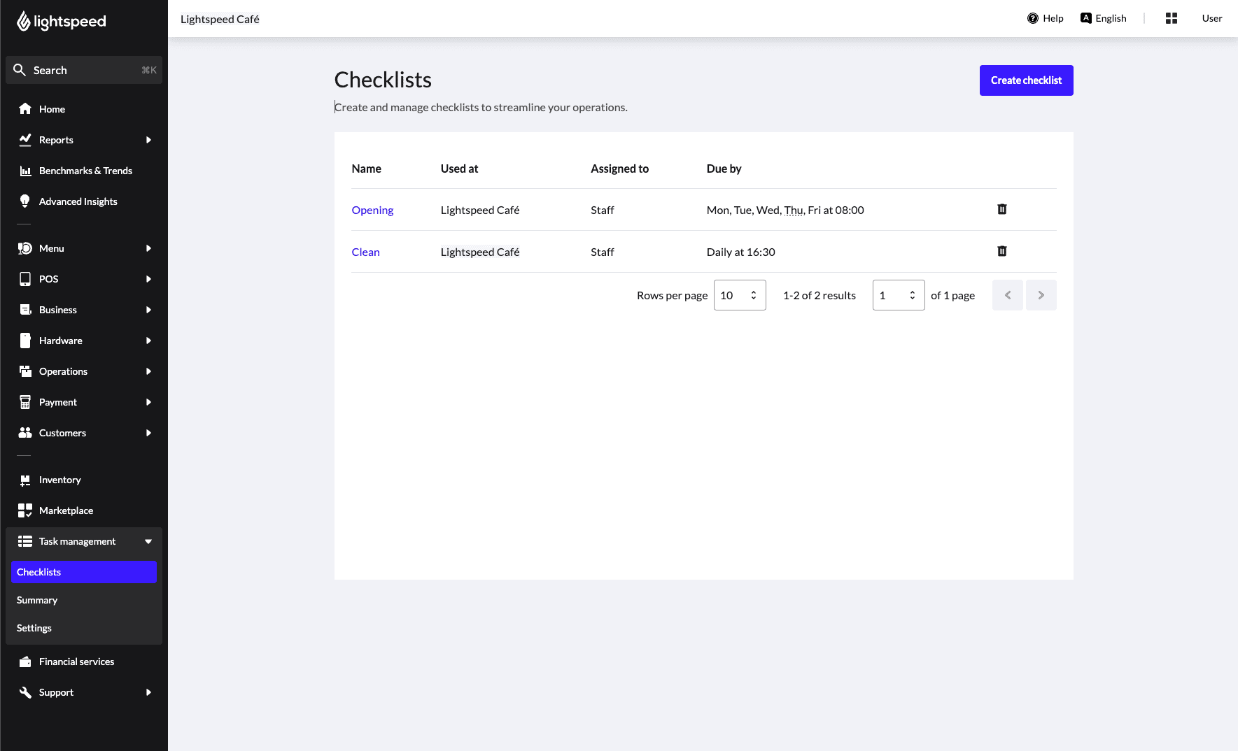 Une liste de checklists pour Lightspeed Tasks : 'Ouverture' et 'Nettoyage'