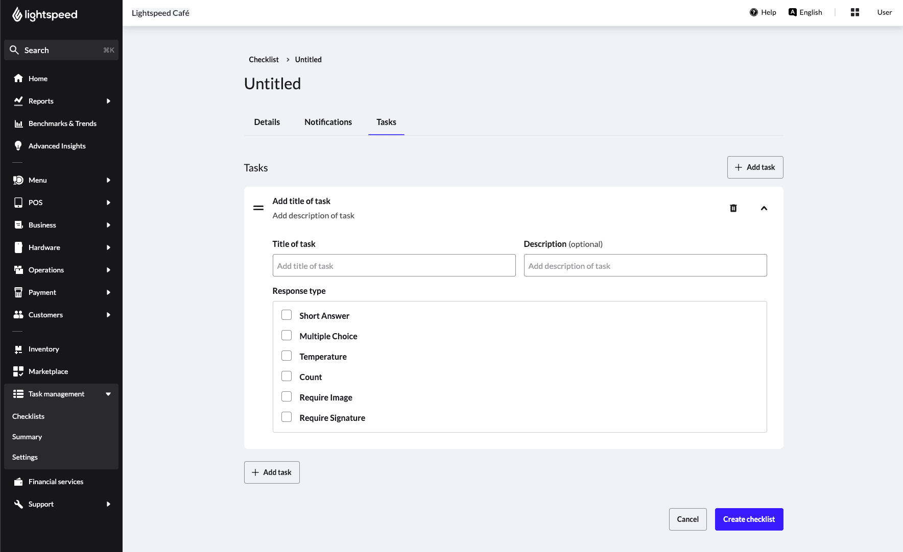 La section 'Tâches' d'une checklist sans titre