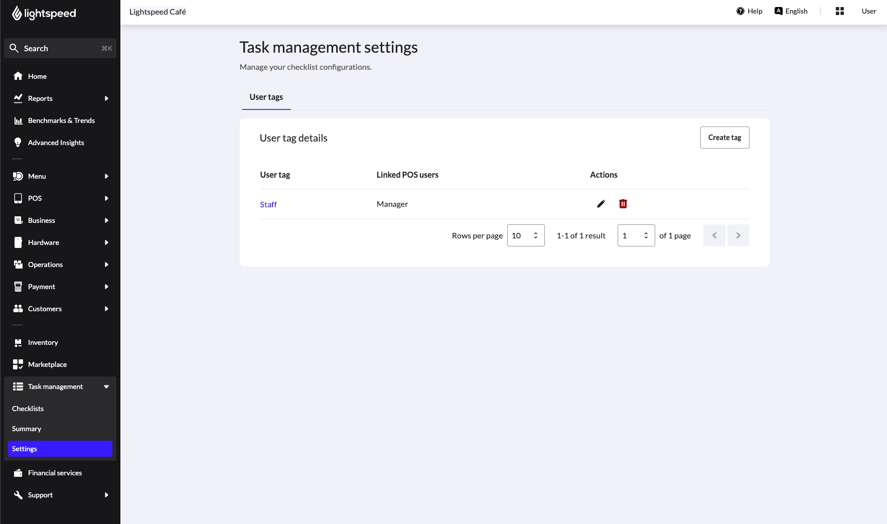 Task Management Settings page with one user tag: 'Staff'