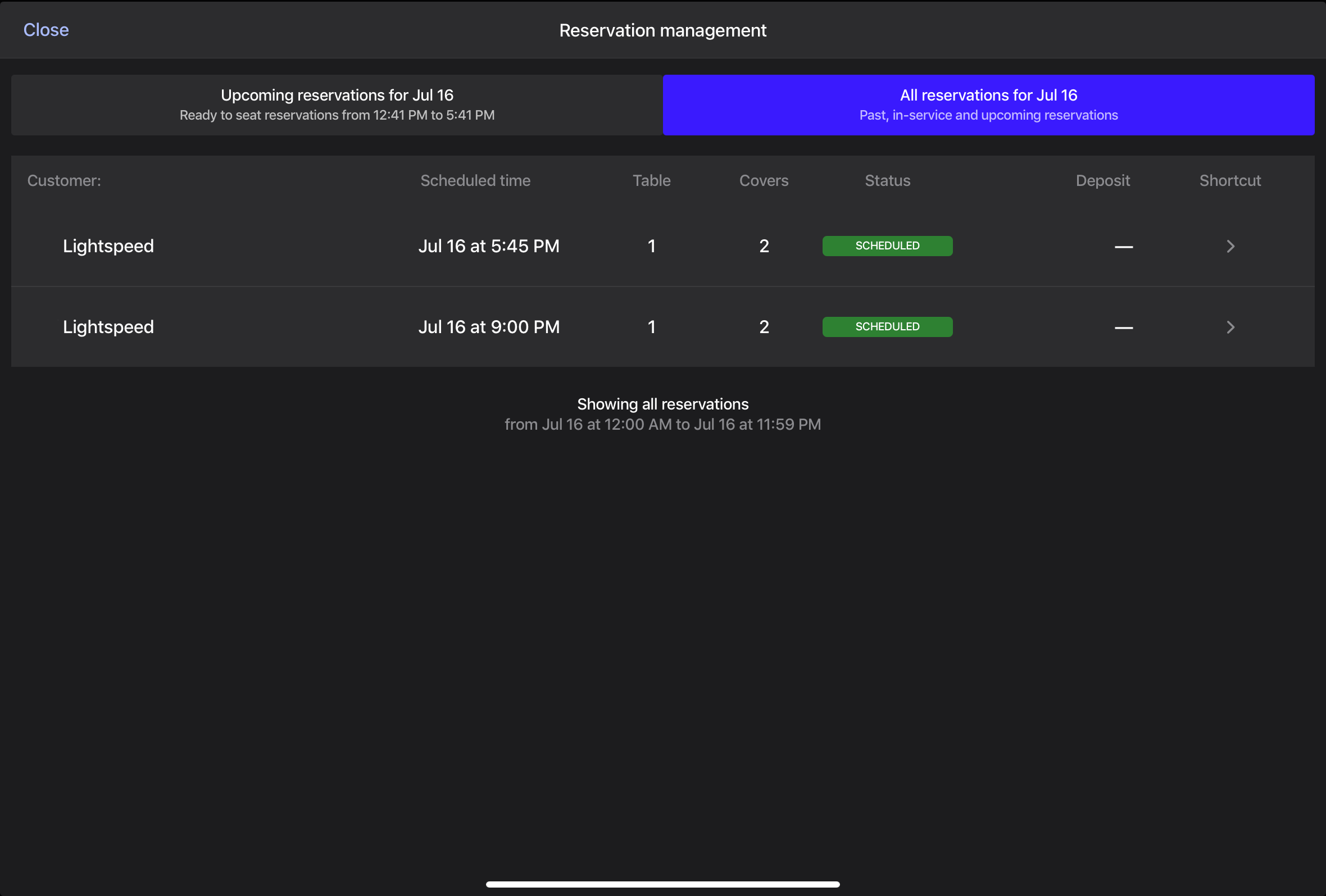 An example of reservations displayed on the POS