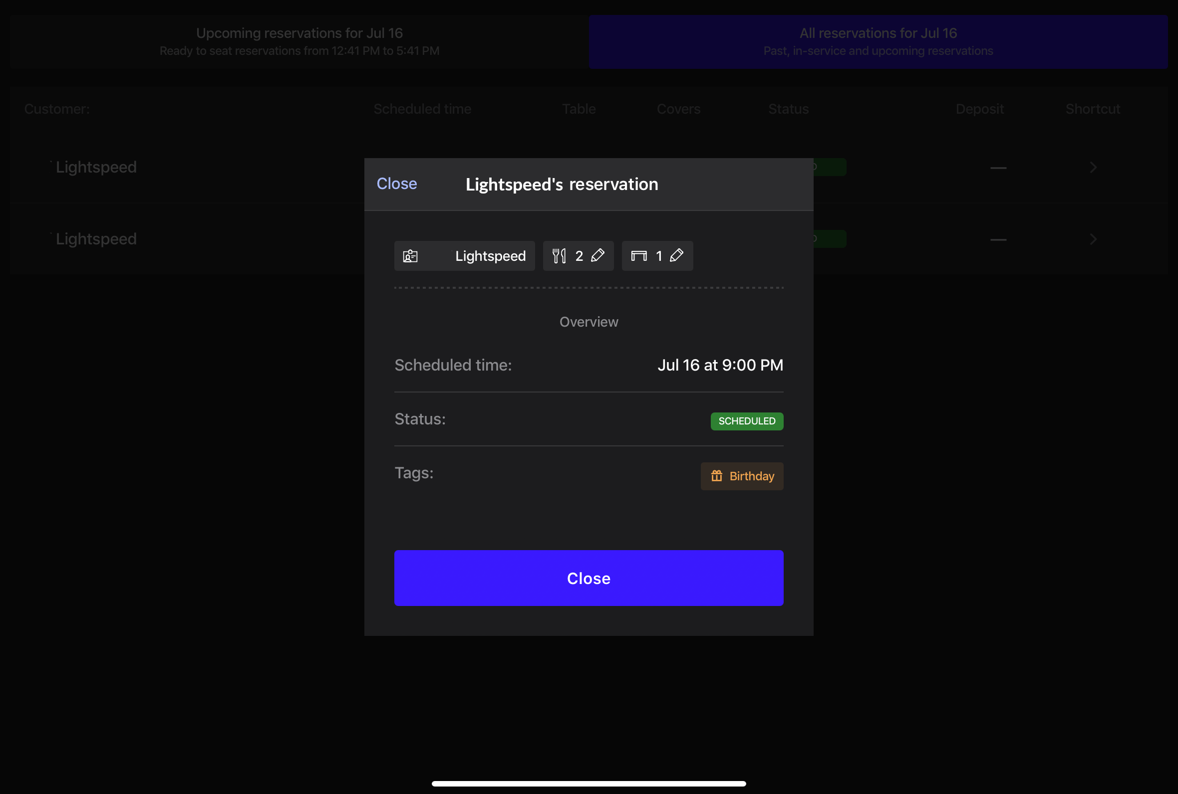 Reservations details popup with options to edit