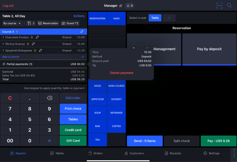 An order with a reservation deposit applied to it