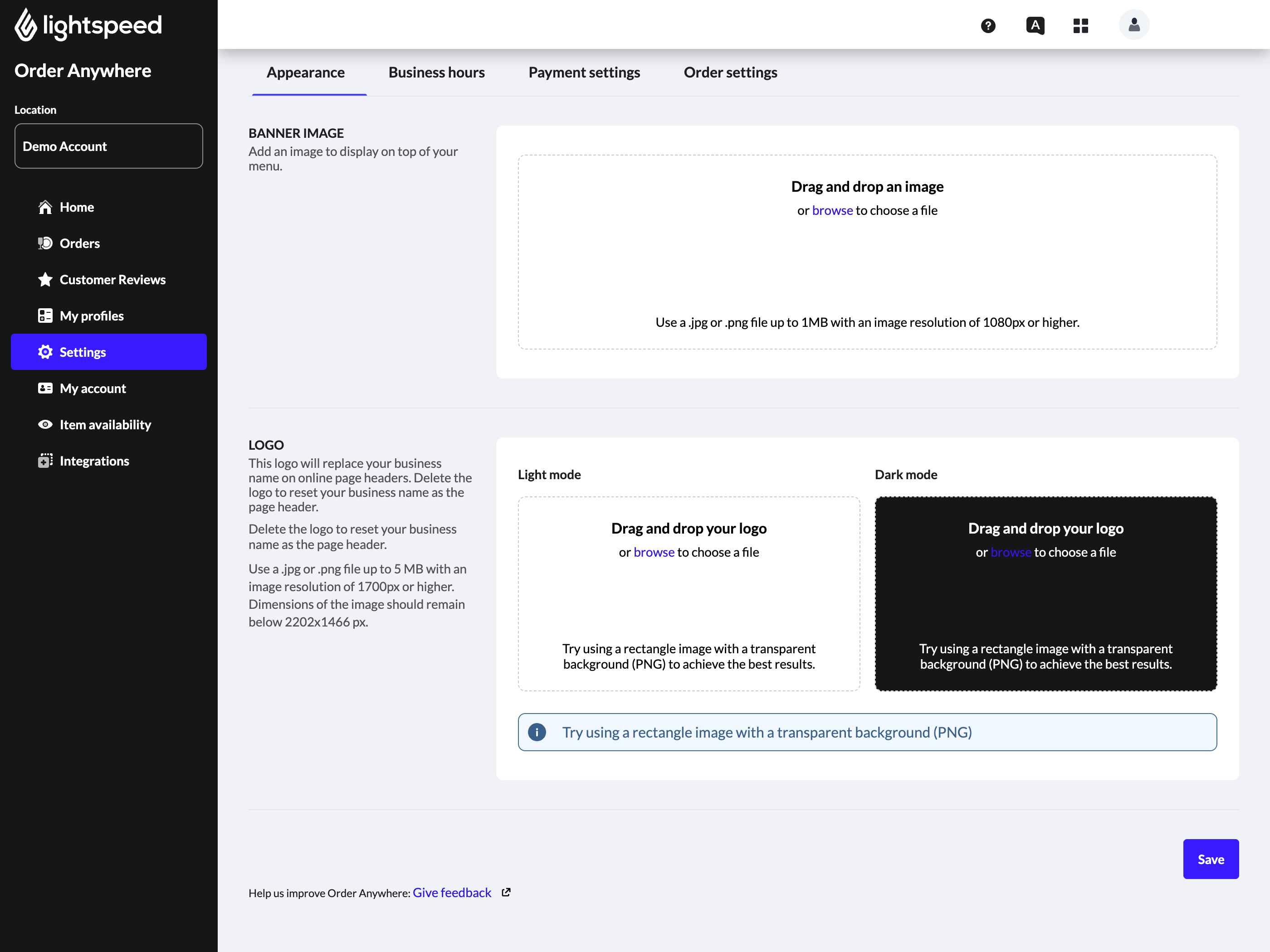 Instellingenpagina voor weergave