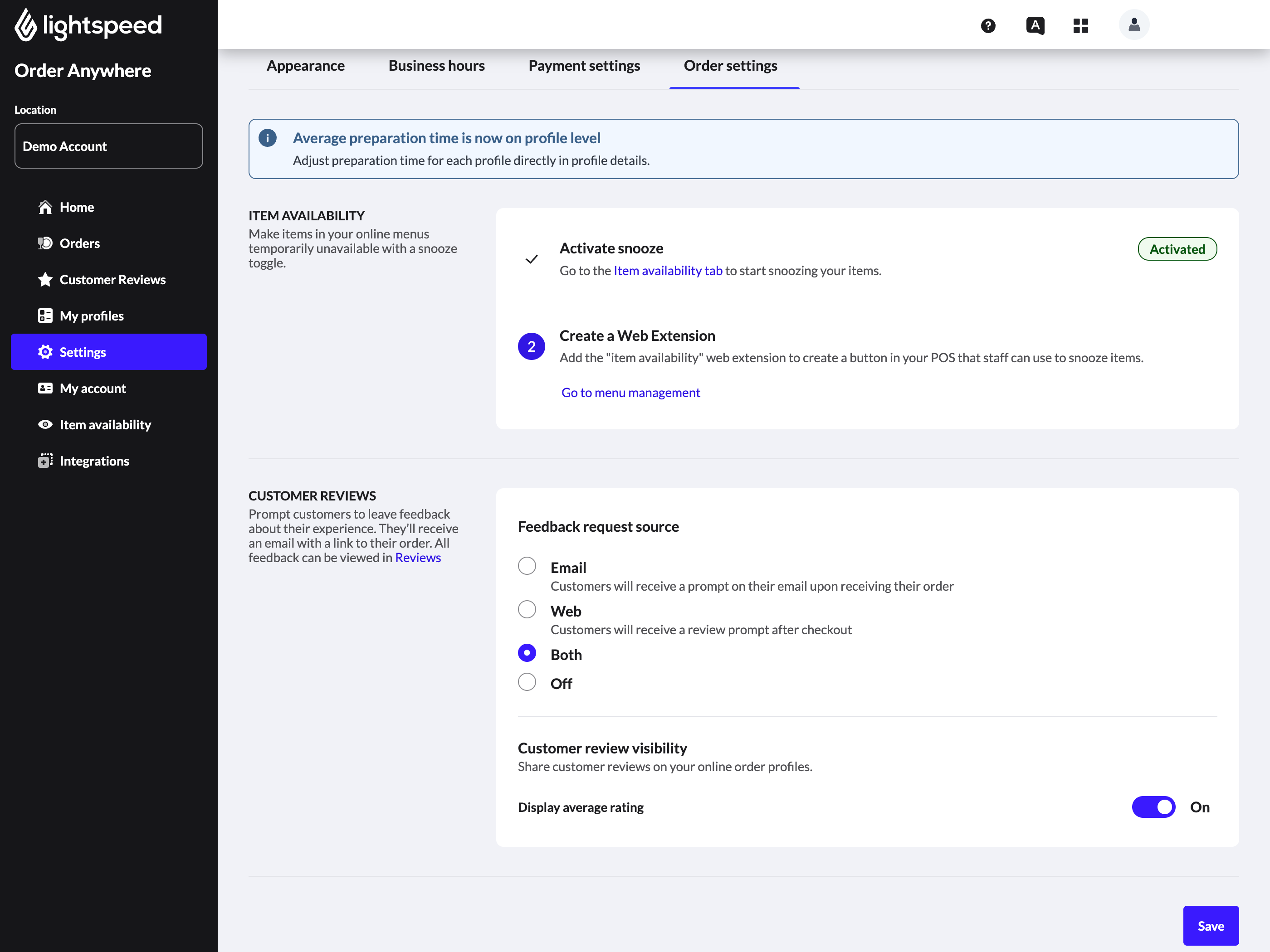 Bestelinstellingen pagina