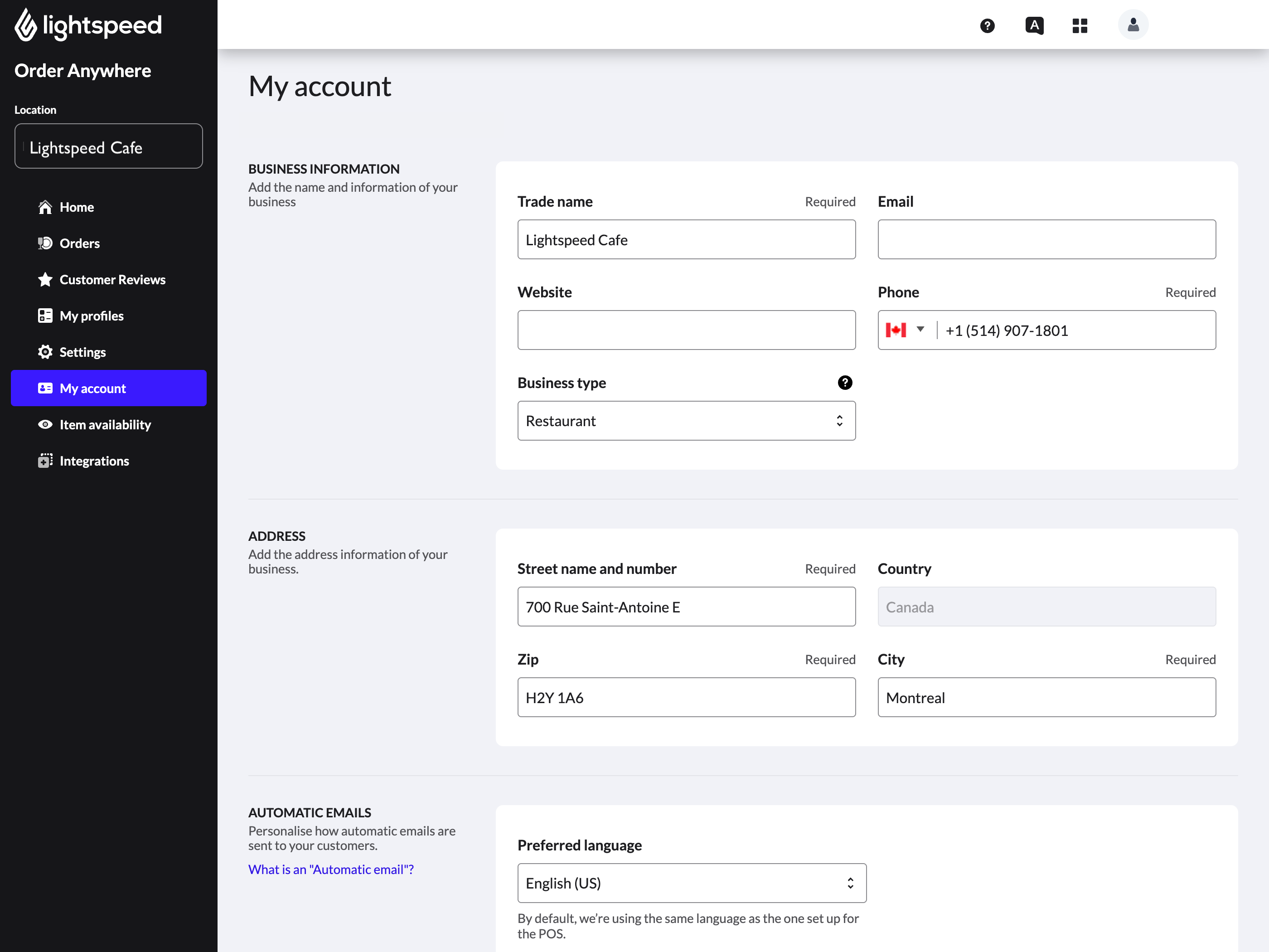 Page de détails du compte Commande mobile