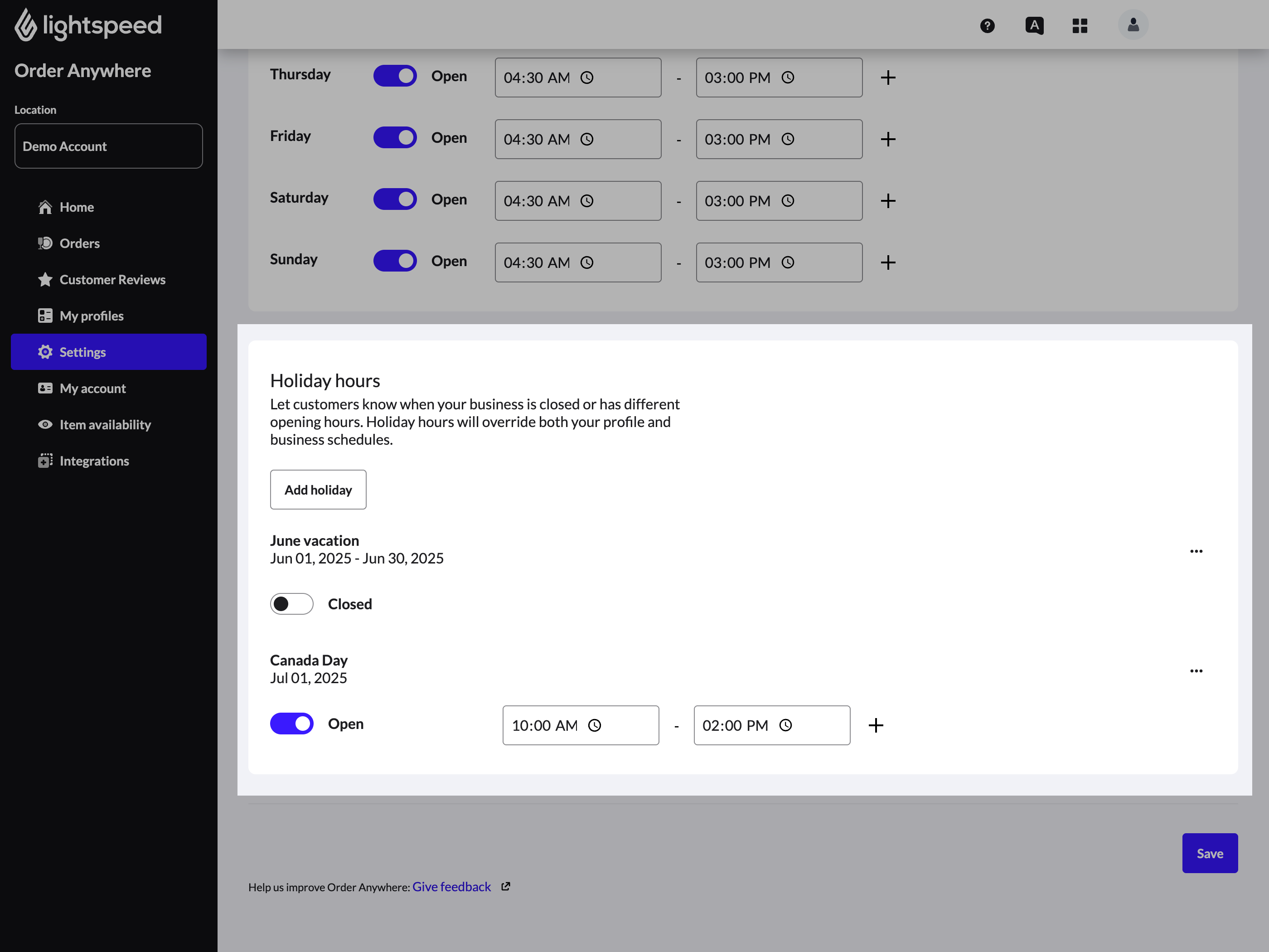 Holiday hours examples