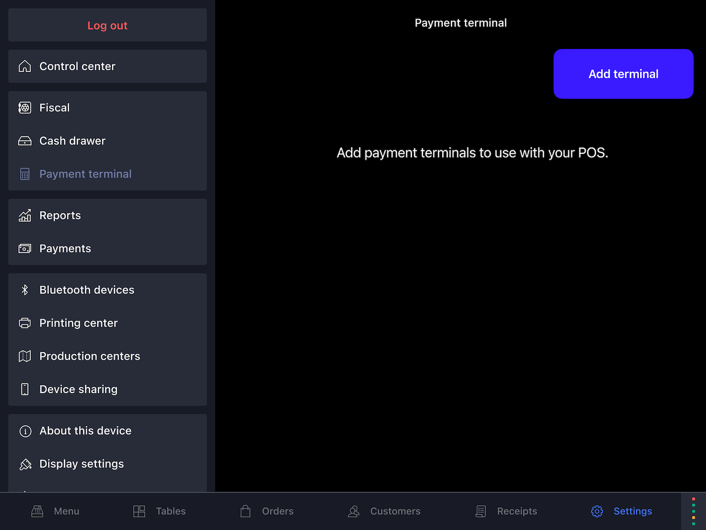 The Settings tab of the POS. A button lableled 'Add terminal' is visible.