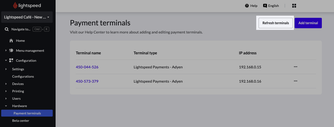 Die Terminals-Seite von Lightspeed Restaurant. Eine Schaltfläche mit der Bezeichnung „Terminals aktualisieren“ wurde hervorgehoben.