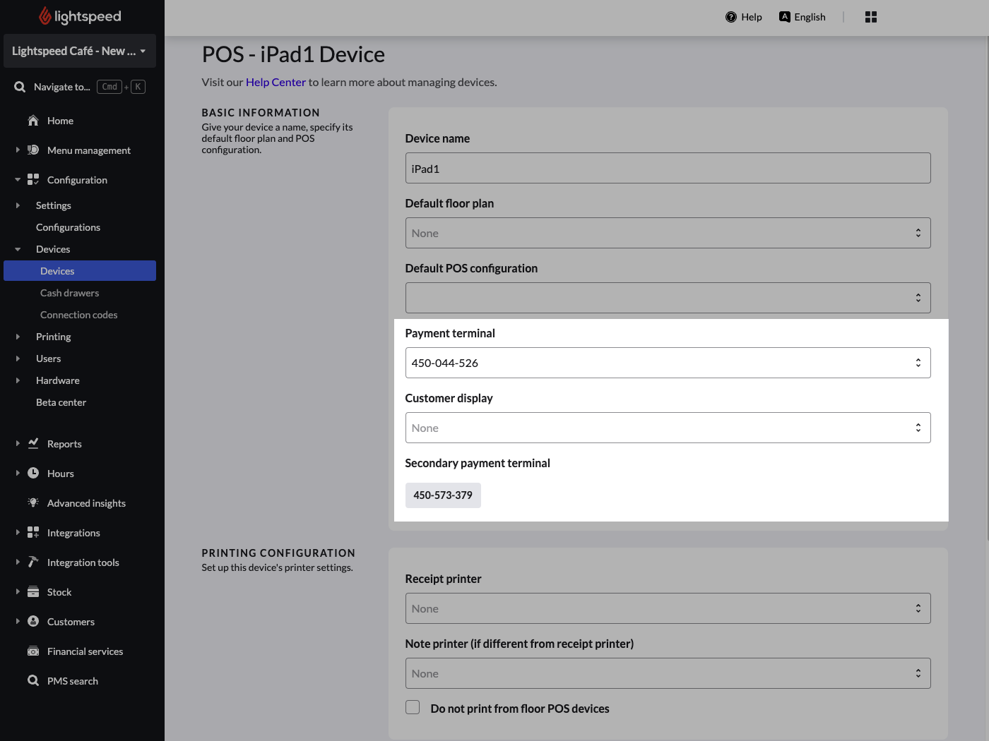 De pagina Apparaten van Lightspeed Restaurant. Het veld genaamd 'Betaalterminal' is gemarkeerd.