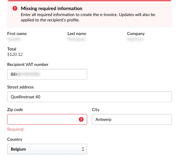 An example of the error pop-up indicating missing information