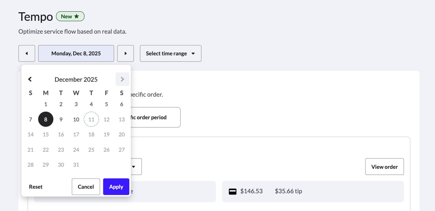 The date range filter in Tempo