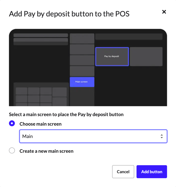 The Add pay by deposit button pop-up window
