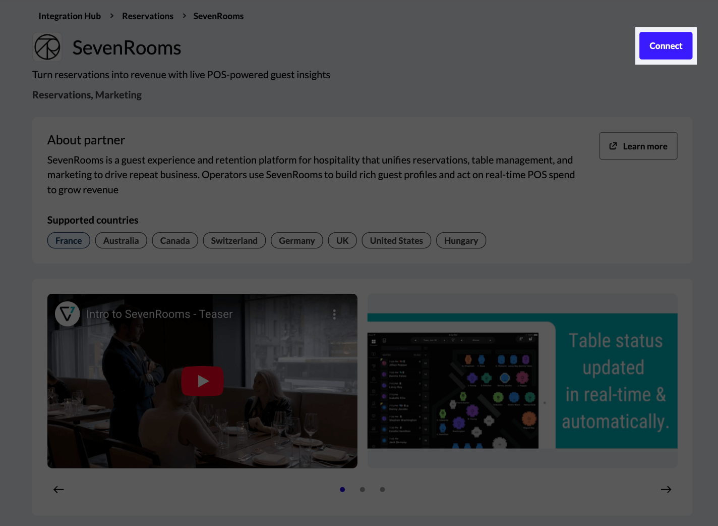 The SevenRooms page with the Connect button highlighted