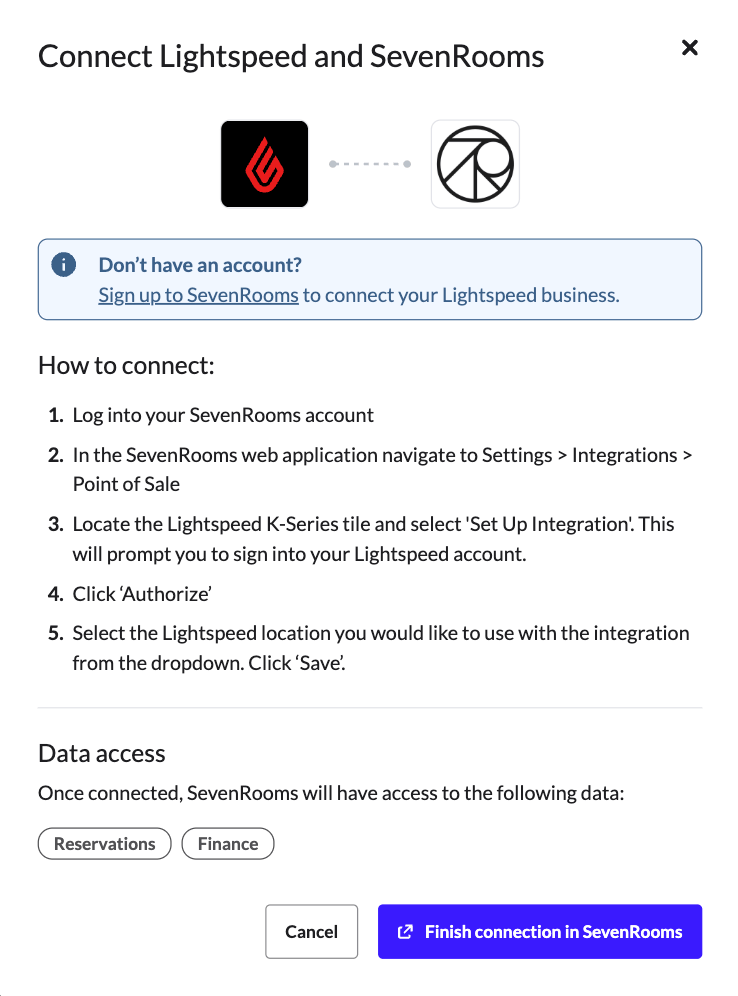 Screenshot of SevenRooms popup with instructions