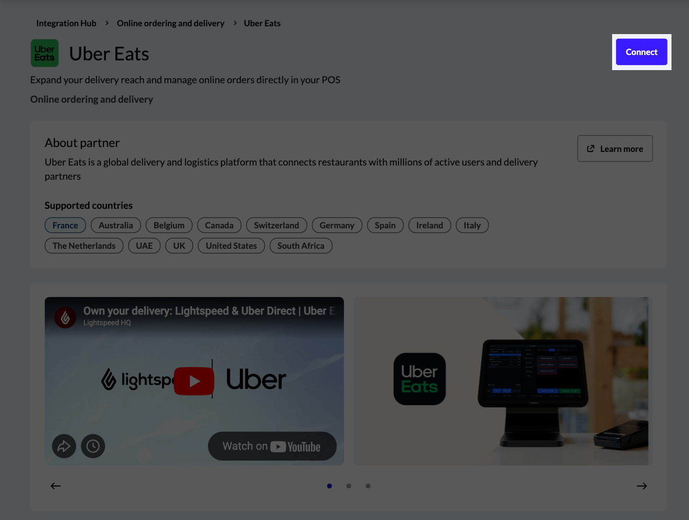 The Uber Eats page with the Connect button highlighted
