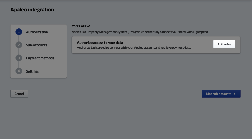 The Authorize Apaleo button highlighted
