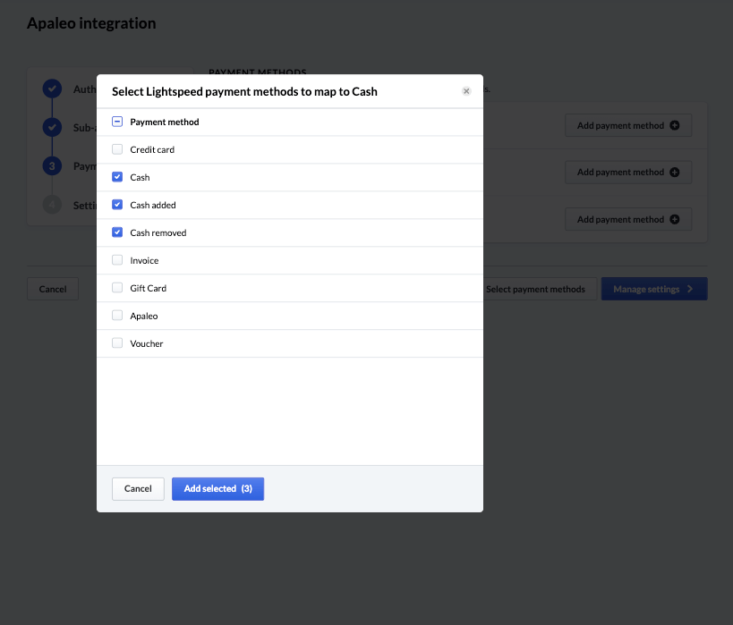 Payment methods mapping