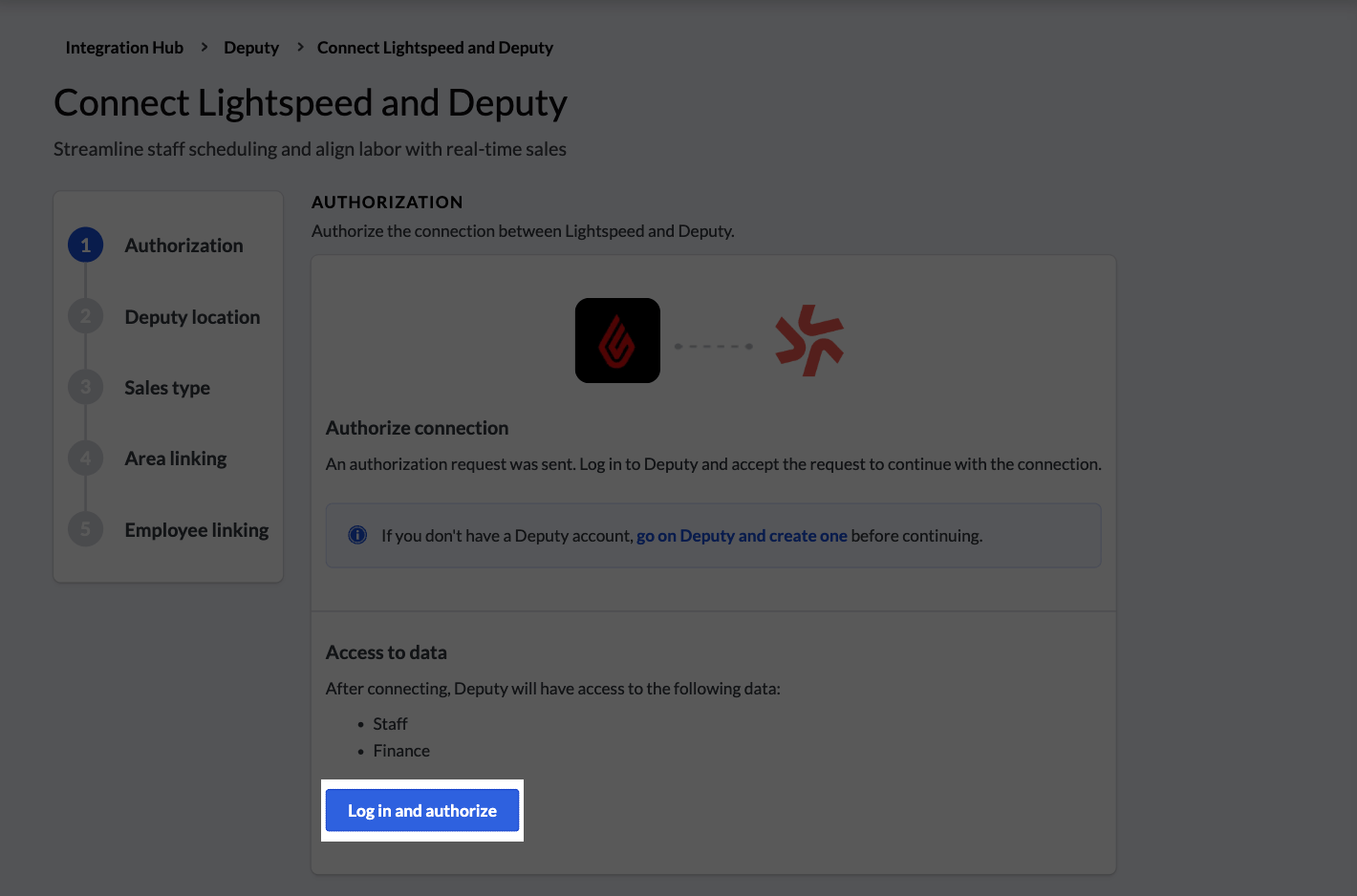 The Log in and Authorize button highlighted