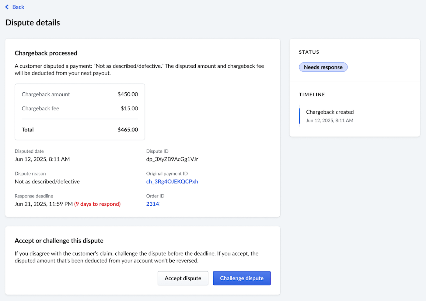 Dispute details page with Accept and Challenge dispute buttons.