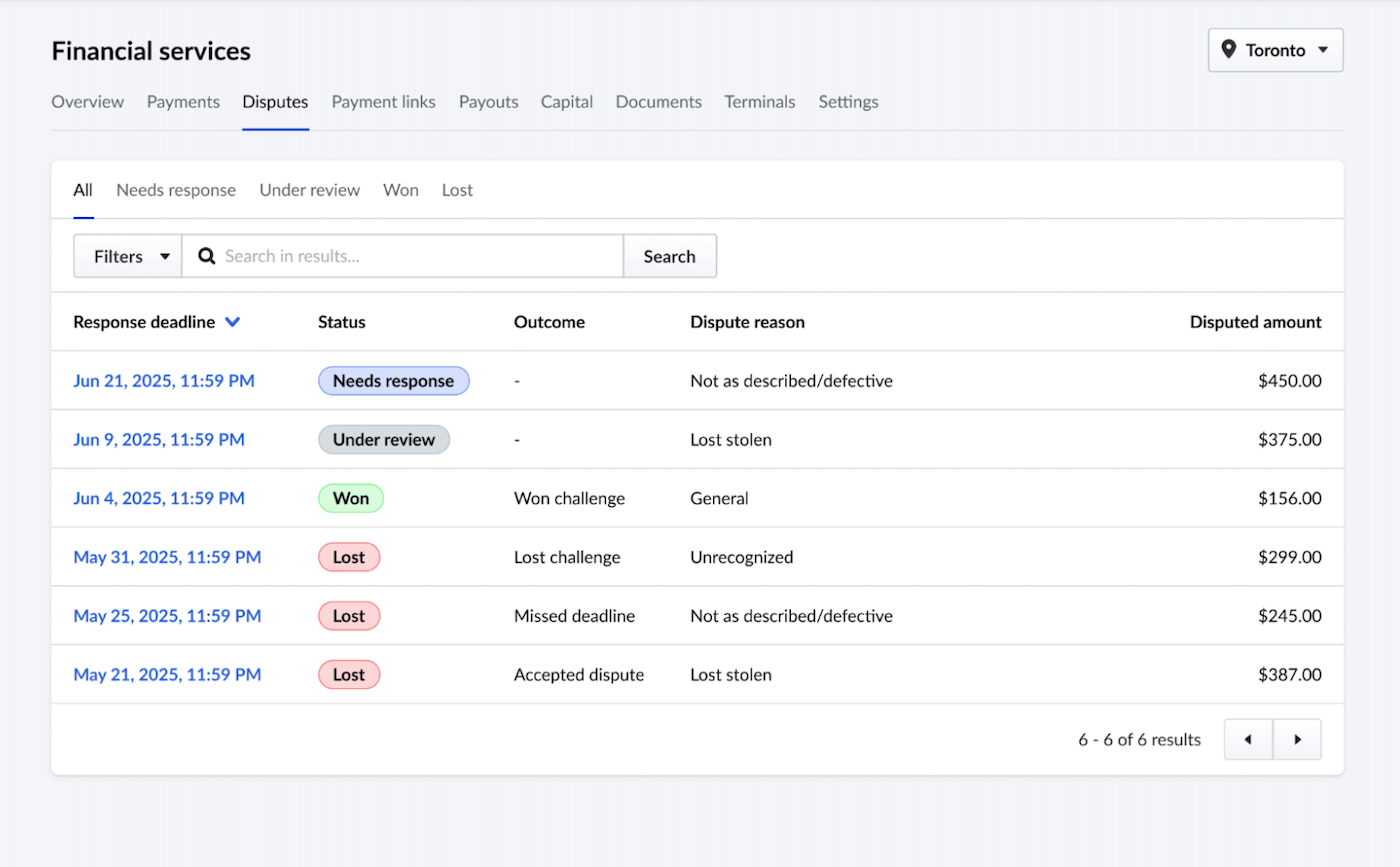 Financial services page showing the Disputes tab with a list of disputes with different statuses.