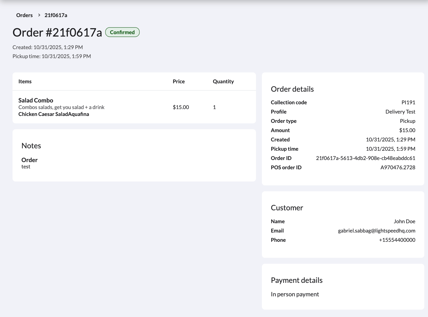 The Order details screen for a single order