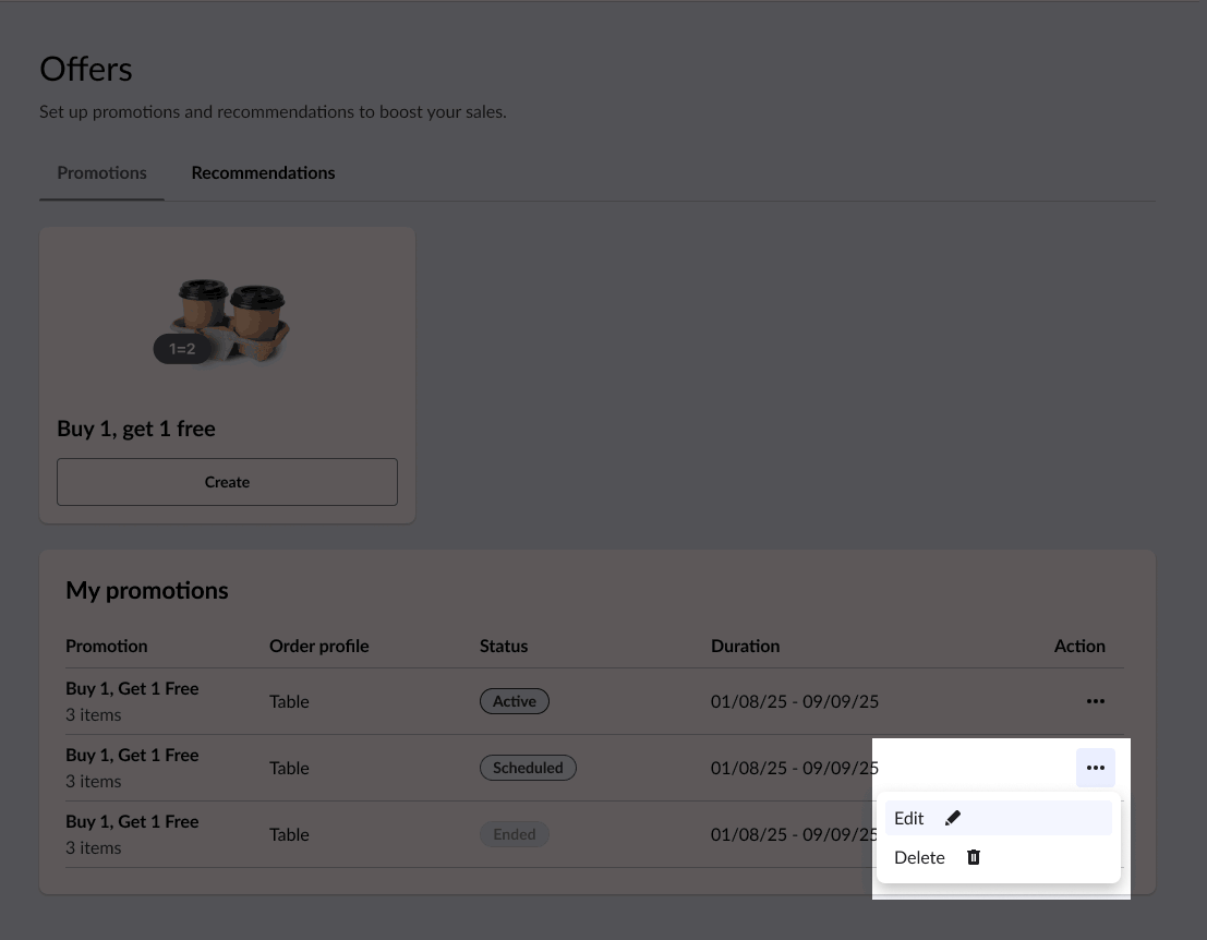 Les options du menu 'trois points' mises en surbrillance