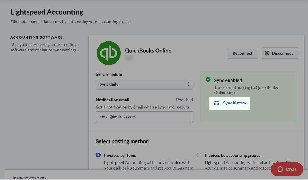 Le bouton 'Historique des synchronisations' mis en surbrillance