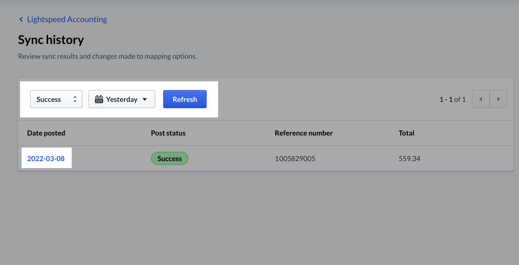 The Sync history screen with filter options highlighted