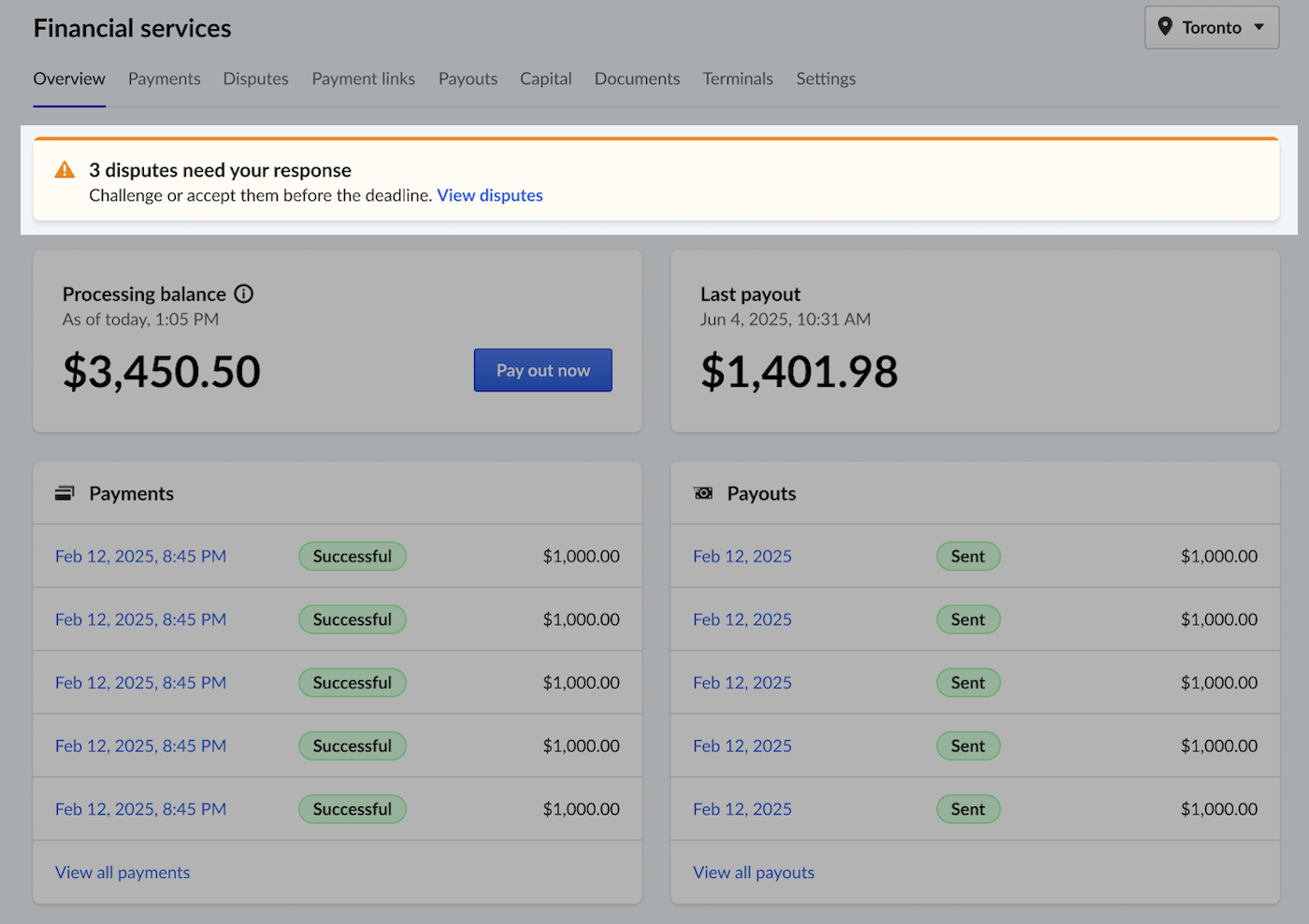 Tabblad Geschillen met meldingen over geschillen en de link Geschillen bekijken.