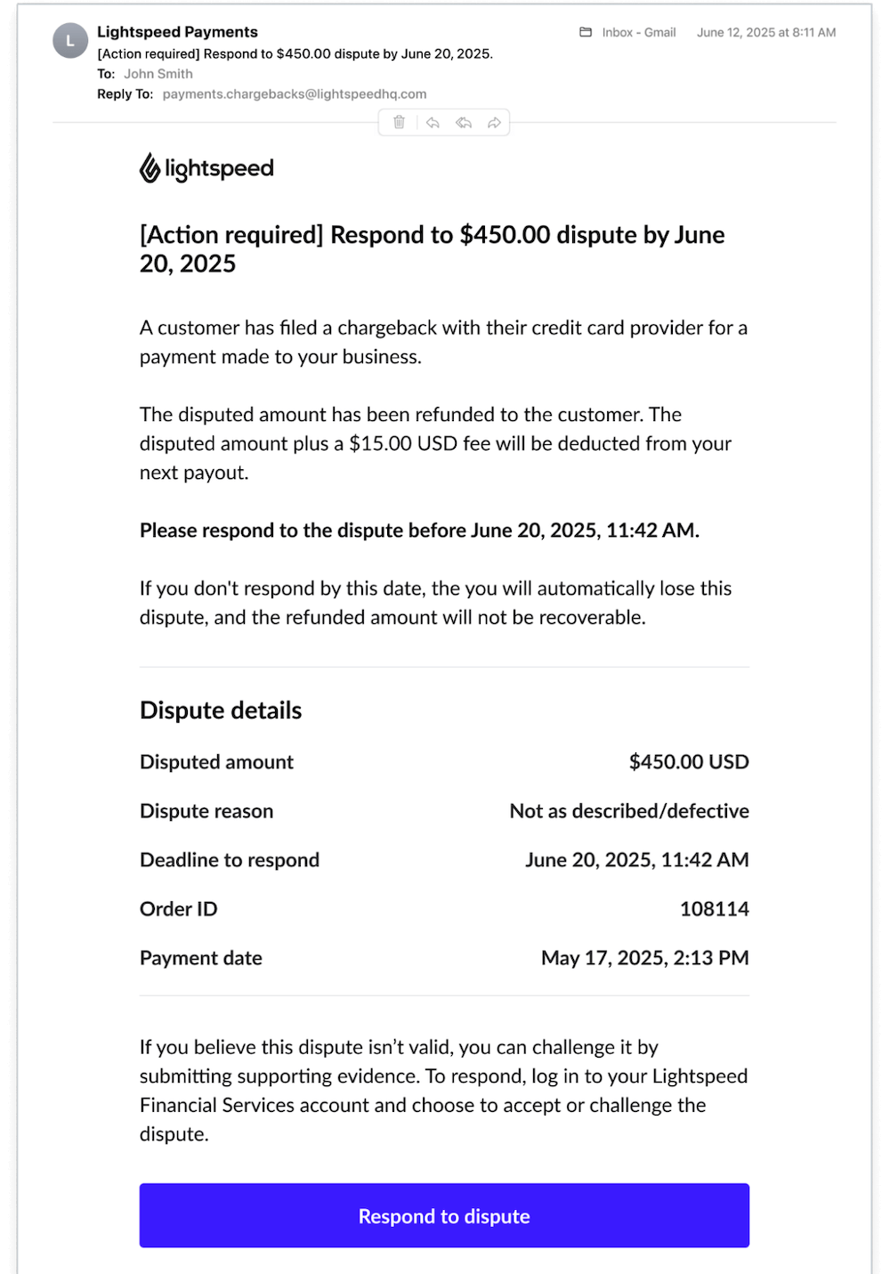 Exemple de courriel d'alerte en cas de rétrofacturation envoyé par l'équipe de Paiements Lightspeed.