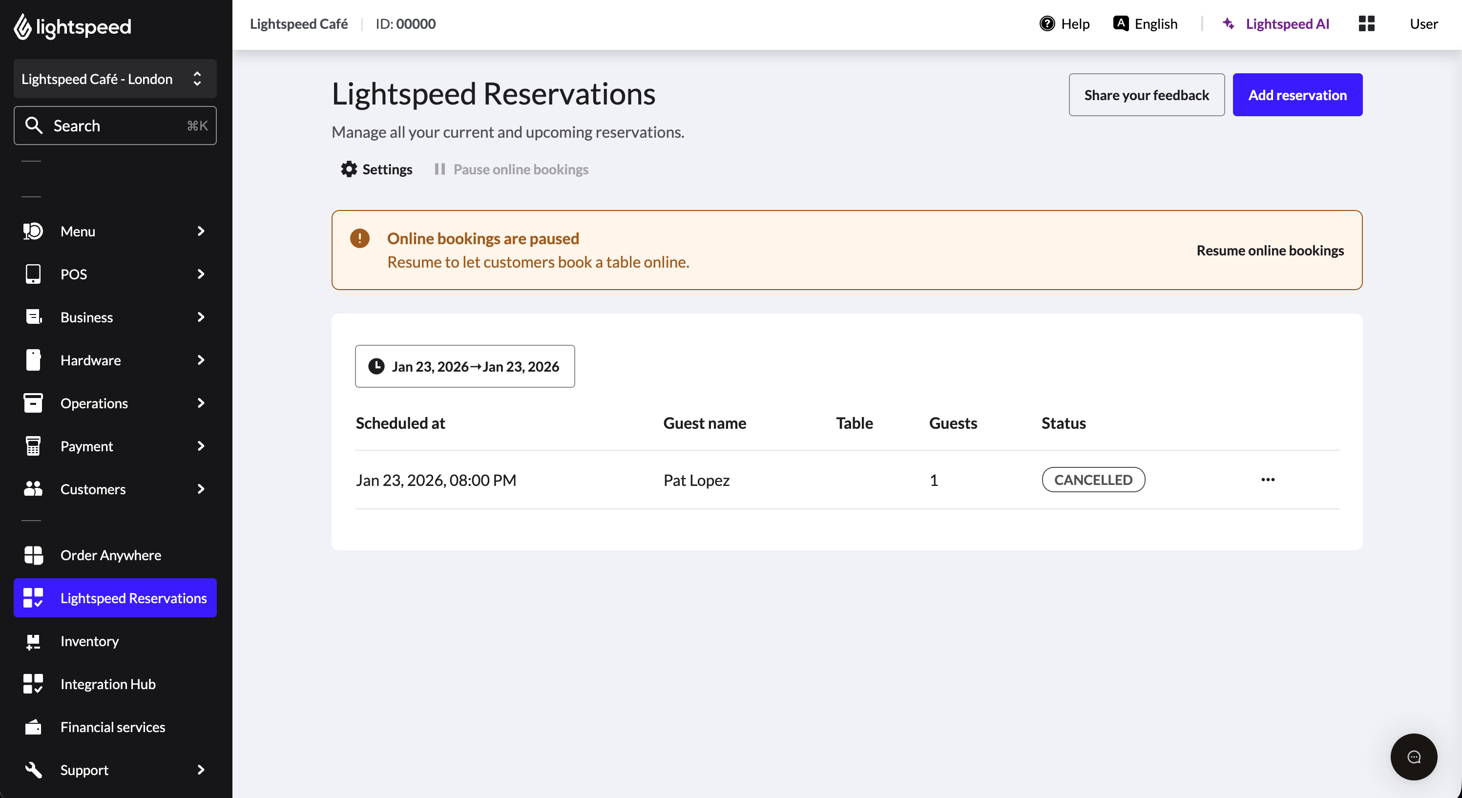 Pausing Lightspeed Reservations in the Back Office
