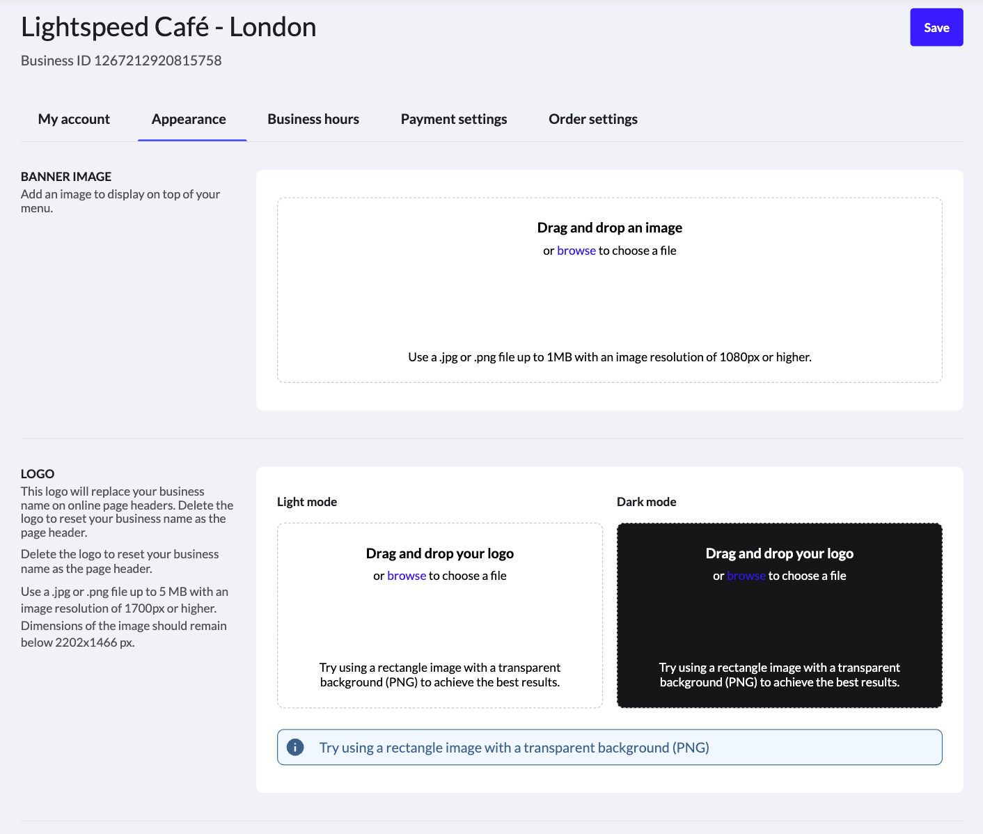 The Appearance tab in Order Anywhere