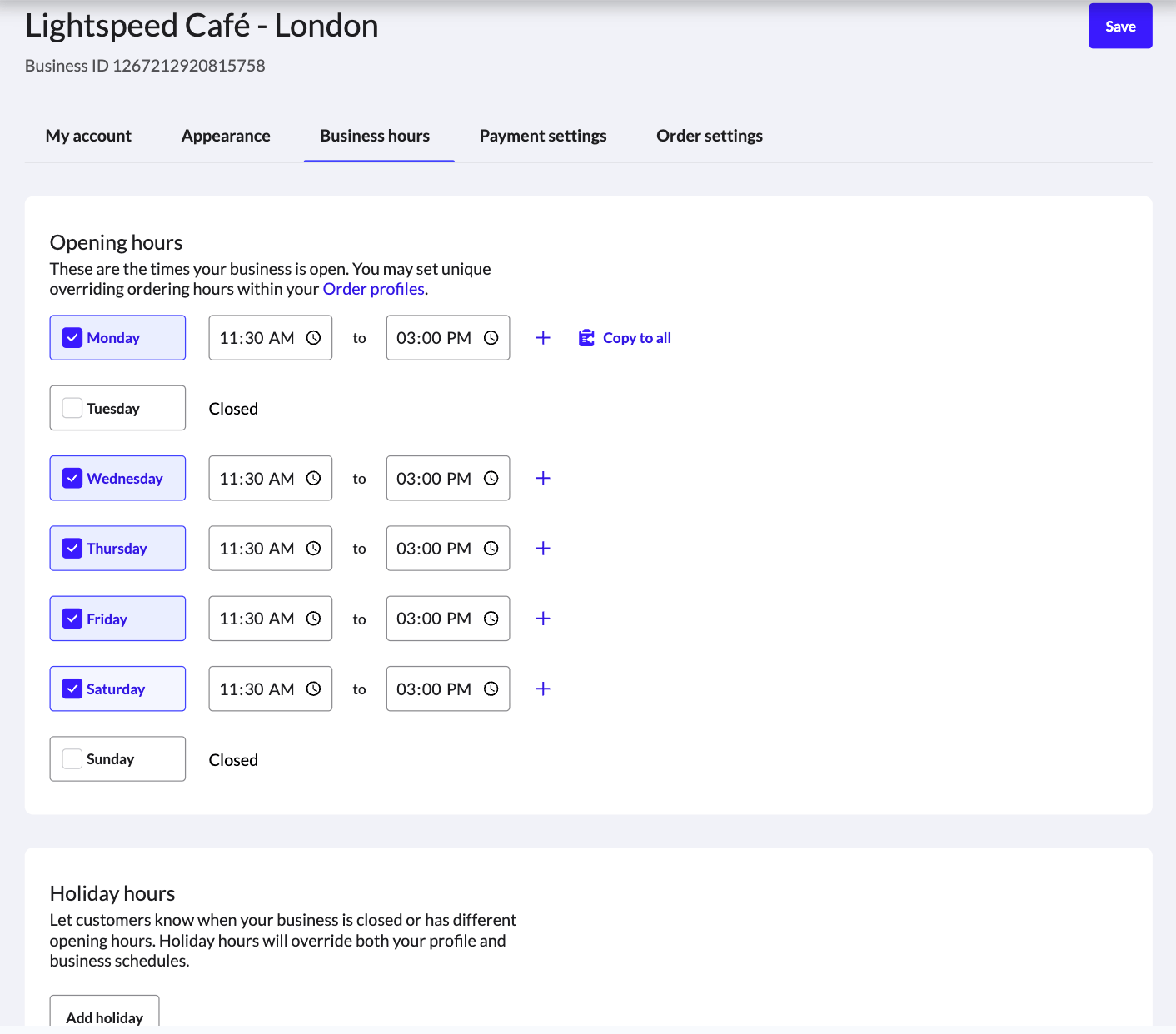The Business hours tab in Order Anywhere