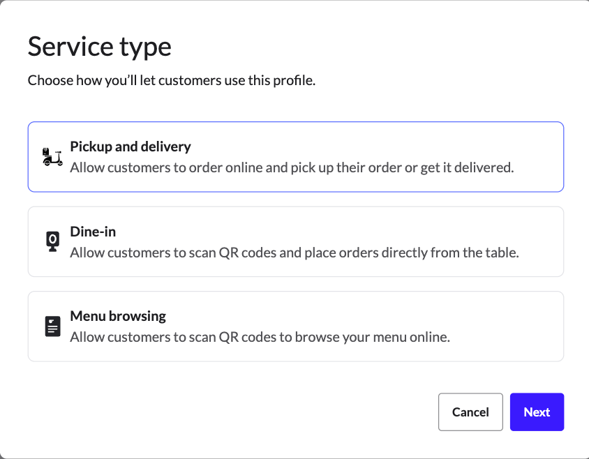 The service type window with Pickup and delivery selected